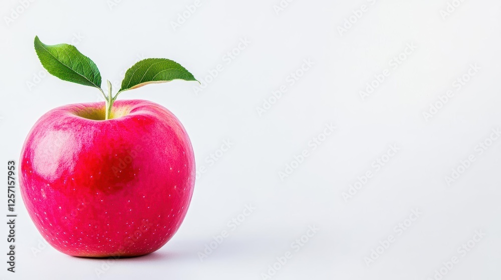 Poster red apple with green leaf resting on wooden surface in natural light setting
