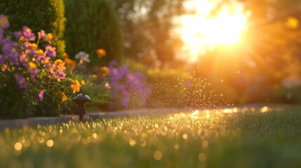 Obraz premium Sunset garden sprinkler watering lush lawn