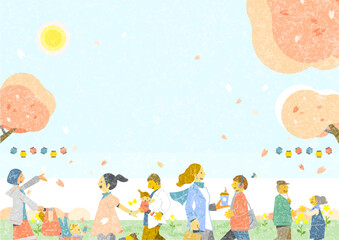 お花見を楽しむ人々　お洒落な和風背景素材　