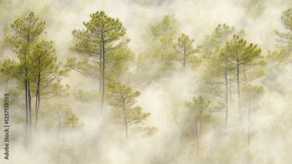 Poster misty forest landscape showing evergreen trees shrouded in fog