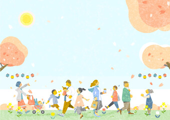 お花見を楽しむ人々　お洒落な和風背景素材　