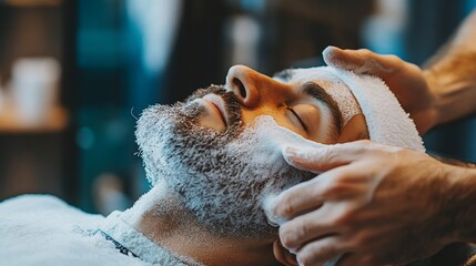 Relaxing Shave Experience at the Barber Shop: Man Enjoying a Premium Facial Treatment