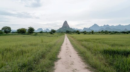 Country Road Leading to Mountain Peak Under Cloudy Sky