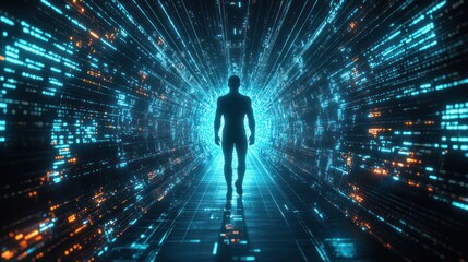 Man walks digital tunnel, data streams, future tech