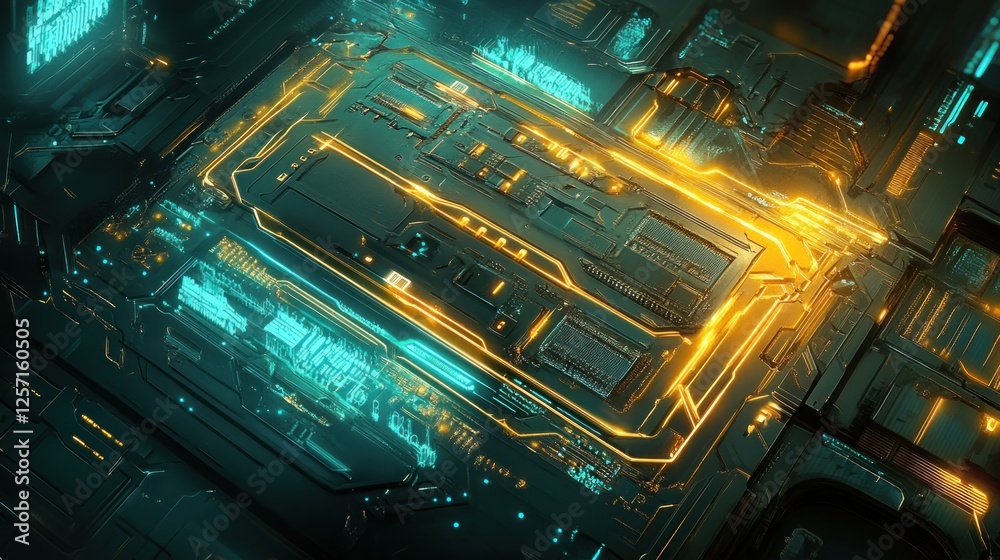 Poster Glowing futuristic technology features intricate circuitry and abstract design