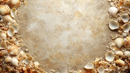 Obraz premium Seashells and fragments bordering a textured sandy surface with neutral colors