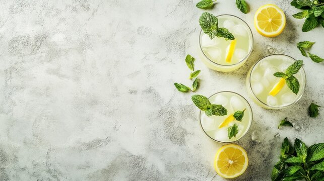 Refreshing lemon mint drinks on ice.
