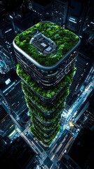 A futuristic, overgrown utopia where nature and technology harmoniously blend, glowing bio-towers covered in lush vegetation, neon energy lines coursing through the streets, highly detailed