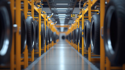 Tires on industrial racks, perspective view.
