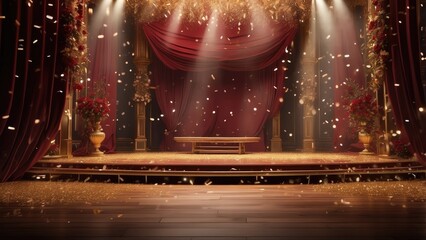 Obraz premium 1. **Theater background with red stage, curtain, bright lights, and falling gold confetti.**