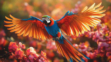 Scarlet Macaw in Flight Amongst Orchids