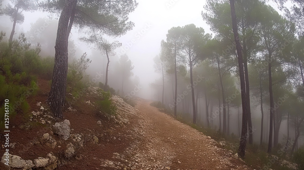 Aufkleber a foggy path winds through a dense forest of trees