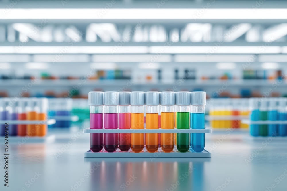 Poster Row of test tubes filled with colorful liquids in a laboratory setting for scientific experiments