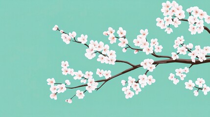 Fototapeta premium Cherry Blossom Branch Over Vivid Green Background in Springtime