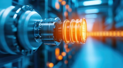 Obraz premium Energy Storage High-tech machinery with glowing components in a modern industrial setting.