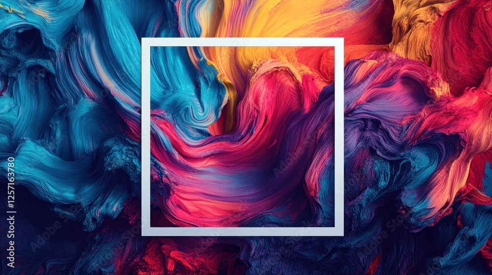 Poster abstract swirling painting with a contrasting white square frame