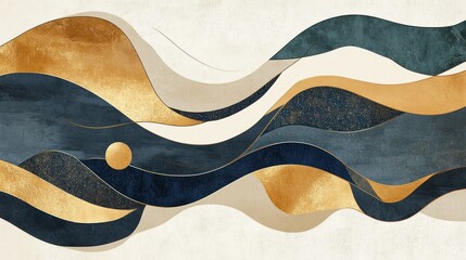 Obraz premium Abstract gold, blue, and beige wave art.