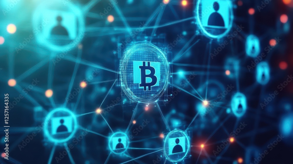 Poster Bitcoin surrounded by interconnected lines representing digital currency and blockchain technology