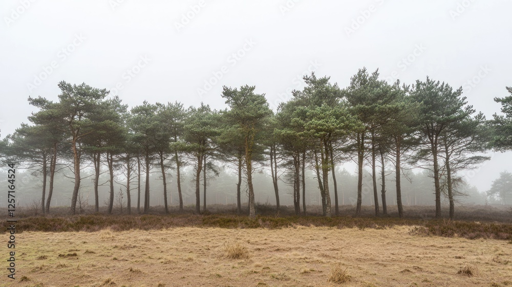 Aufkleber Line of evergreen trees standing in fog over a field