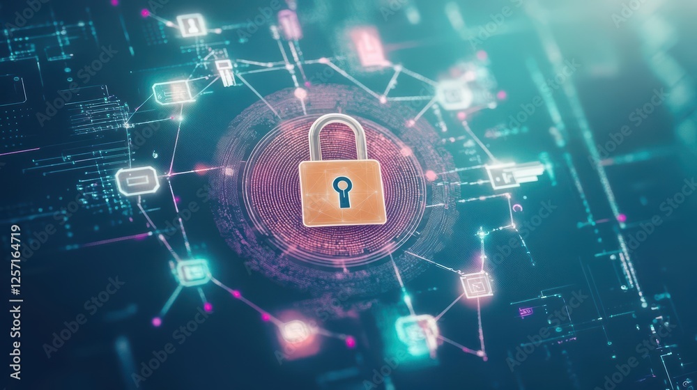Poster Padlock on a circuit board with electronic components in the background for security technology