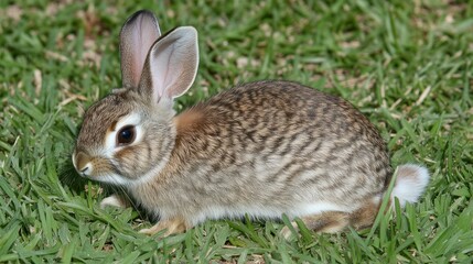 Fototapeta premium A wild rabbit sitting calmly amidst green blades of grass