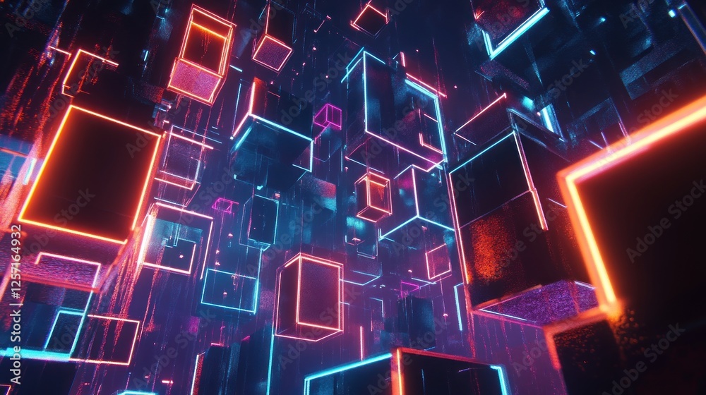 Poster abstract composition featuring glowing cubes in a dark futuristic space
