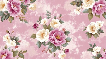 Floral pattern featuring pink and white roses with green leaves