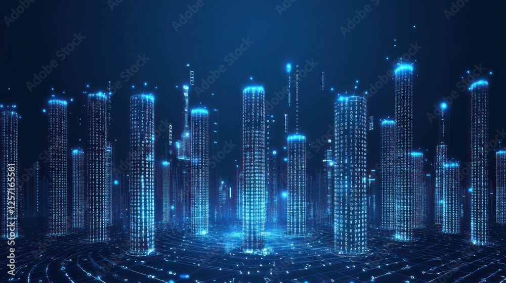 Poster glowing digital city with binary code in blue landscape