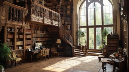 Grand ornate library features wooden bookshelves staircase and large window