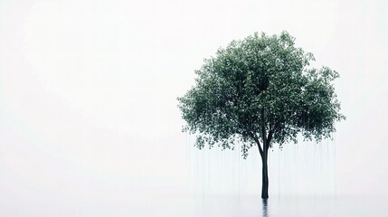Isolated Tree with Dripping Leaves in Rainy Serene Environment