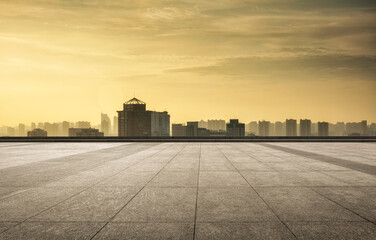 Serene Urban Sunset Over The Cityscape with Empty Plaza