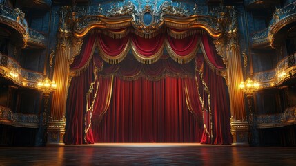 Grand Opera House Stage, Red Curtains, Empty, Elegant, Performance