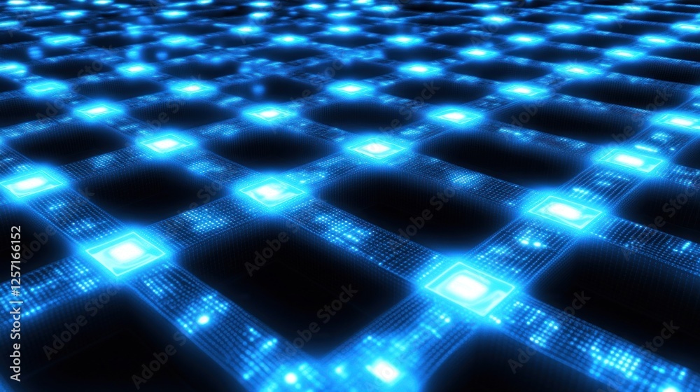 Aufkleber Blue grid with glowing nodes representing network connectivity
