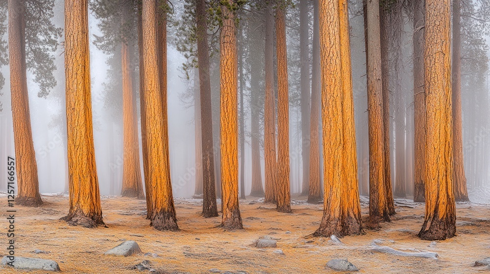 Poster forest of tall trees shrouded in mist on a chilly day