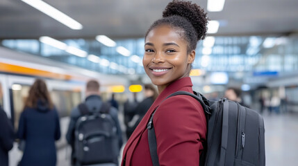 Fototapeta premium African staff employee woman in red casual smiling going to office using train public transport