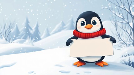 Cute penguin wearing a red scarf holding a blank sign in a snowy landscape