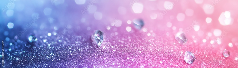 Poster close up of glitter surface with faceted stones and bokeh