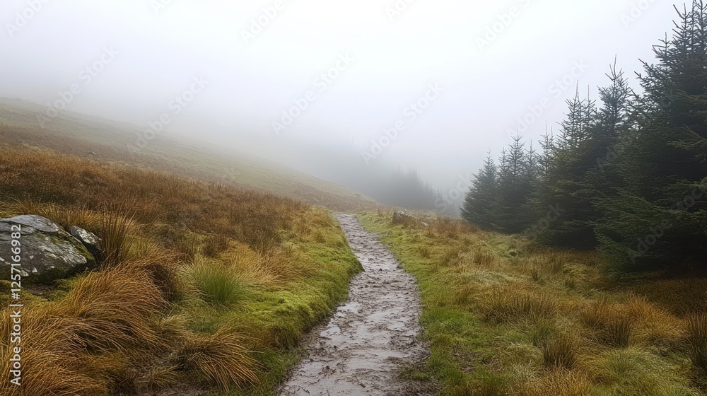 Poster muddy path winds through misty landscape with evergreen trees
