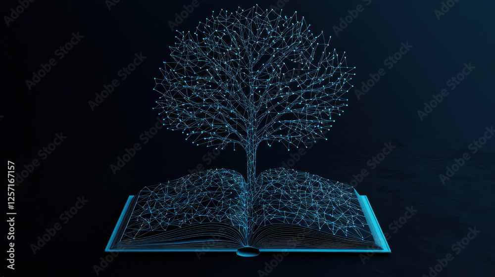 Poster digital representation of open book with tree made of lines and nodes emerging from it, symbolizing 