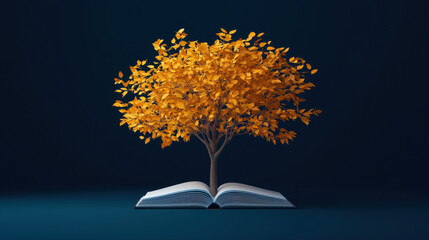 Open book with vibrant orange tree growing from its pages, symbolizing knowledge and growth
