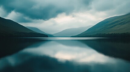 Fototapeta premium Serene lakeside view with soft light and mountains creating tranquil scene