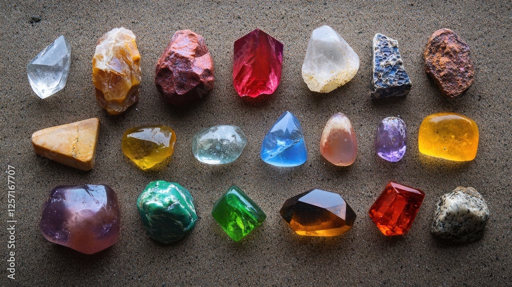 Poster Assorted polished gemstones of various colors and shapes arranged neatly