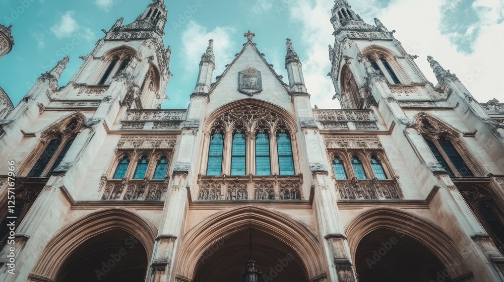 Poster grand architecture with towers reaches towards a cloudy blue sky