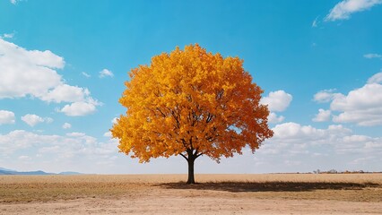 Lone tree with golden autumn leaves in open field under blue sky.