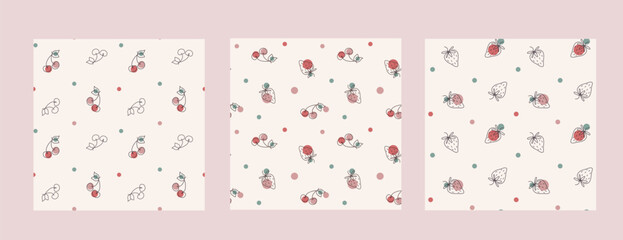 Set of vector seamless patterns with line art berries. Summer fruits wallpaper. Texture for textile or wrapping paper with ripe strawberries and cherry outline.