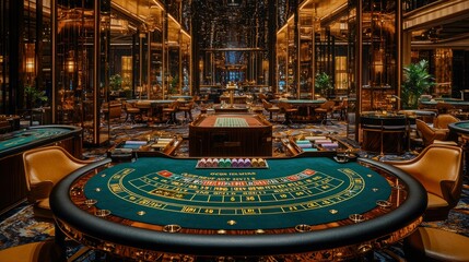 Obraz premium Luxurious casino gaming tables in opulent interior