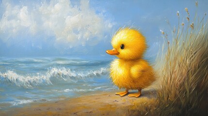 Charming yellow duckling stands at the beach ocean view