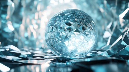 Glistening orb of facets illuminates a crystalline landscape of reflections