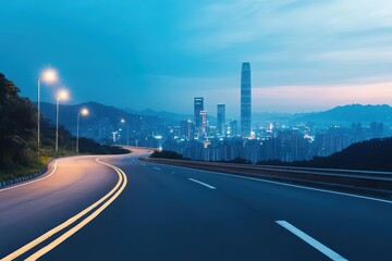 Obraz premium Highway with city skyline in the background during daytime with clear blue sky