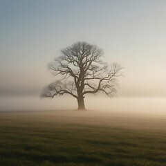 Obraz premium Lone Tree in Foggy Field: A Solitary Beauty in Mist
